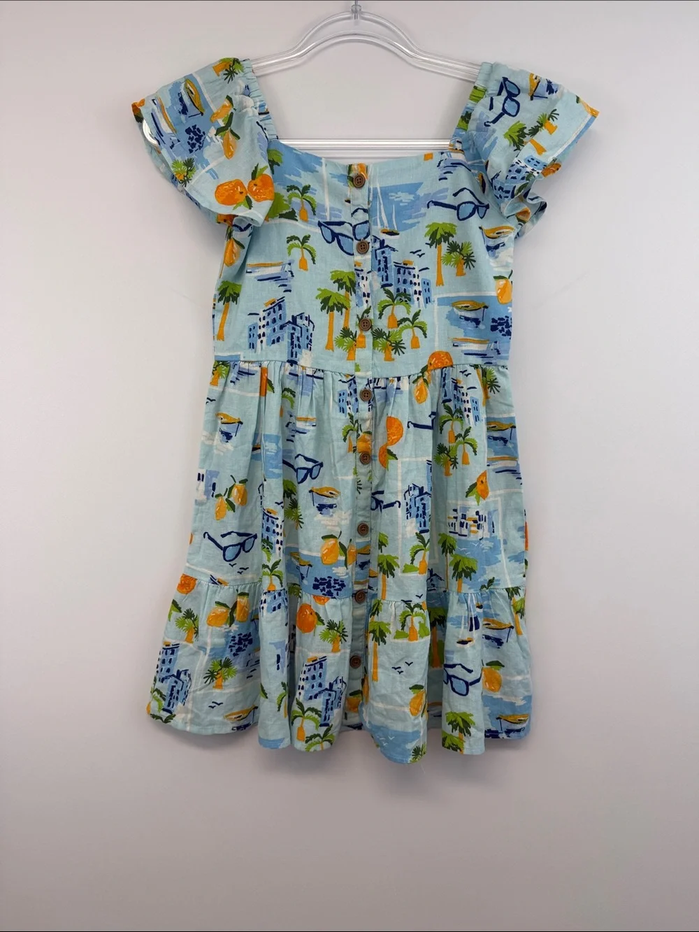 Gymboree Travel Print Linen Blend Tiered Flutter Sleeve Dress Girls 10